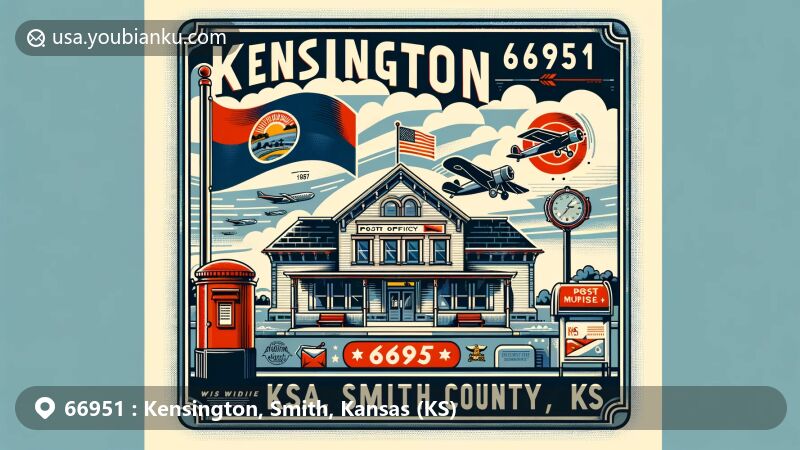 Modern illustration of Kensington, Smith County, Kansas, depicting a postal theme with ZIP code 66951, featuring a historic post office facade, iconic red mailbox, stamp with 66951 code, and airplane symbolizing air mail, creatively integrated with Kansas state flag and Smith County shape.