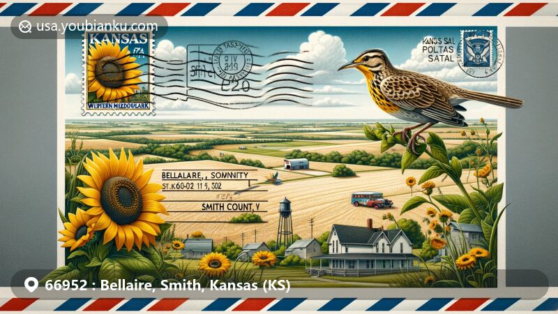 Modern illustration of Bellaire, Smith County, Kansas (KS), showcasing rural scenery with vast fields, farmhouses, and airmail elements, featuring state bird Western Meadowlark and state flower Wild Native Sunflower.