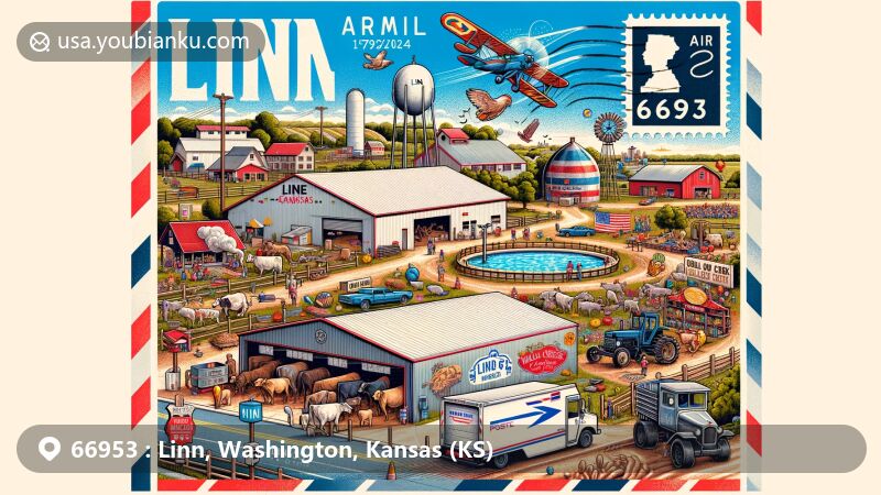 Modern illustration of Linn, Kansas, featuring air mail envelope with ZIP code 66953, showcasing local dairy farms, livestock equipment manufacturing, Linn City Park, summer swimming pool, baseball diamonds, and scenes from annual Linn Picnic.