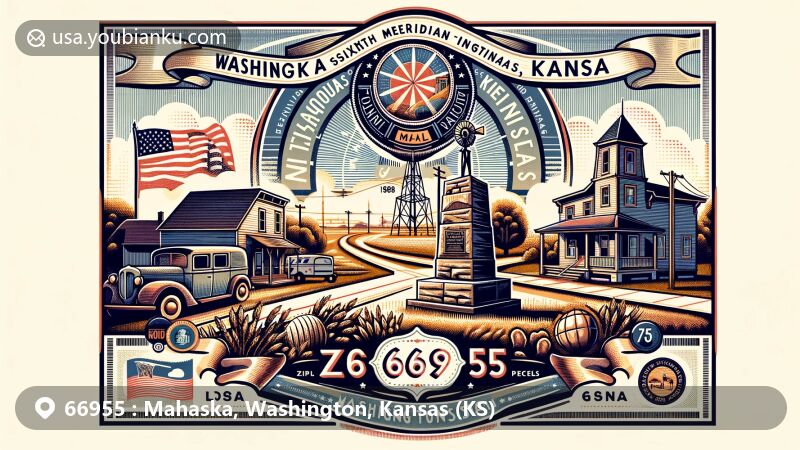 Modern illustration of Mahaska, Washington County, Kansas, highlighting postal theme with ZIP code 66955, featuring Sixth Principal Meridian Initial Point monument and vintage air mail envelope.