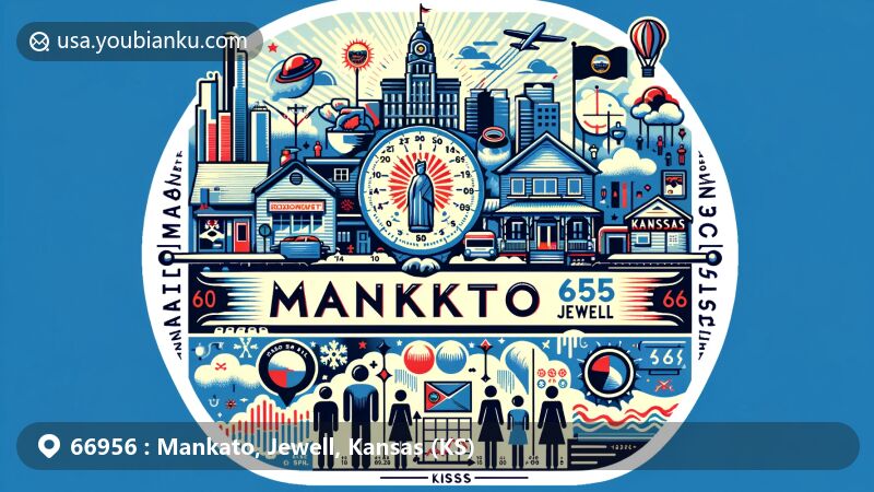 Modern illustration of Mankato, Jewell, Kansas, showcasing the city's climate, demographic diversity, and Kansas state symbols, set within a postal theme of ZIP code 66956.