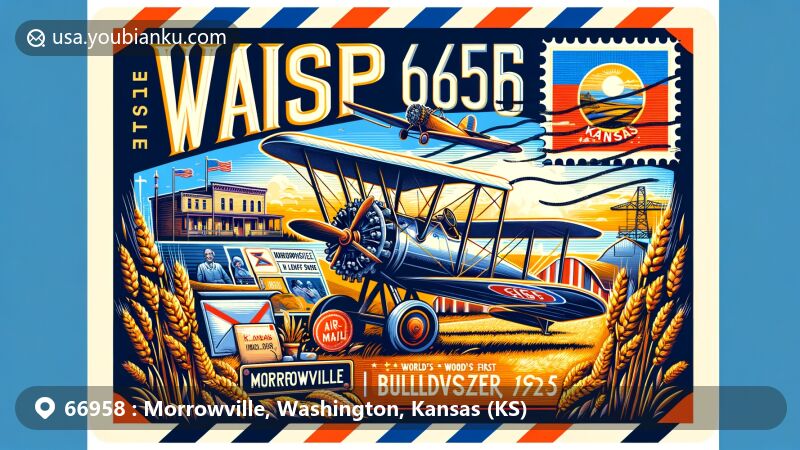 Modern illustration of Morrowville, Kansas, showcasing vintage aviation-themed air mail envelope with ZIP code 66958 and world's first bulldozer, 1925, Kansas state flag, and wheat stalks.