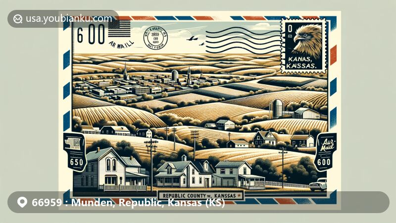 Modern illustration of Munden, Republic County, Kansas, representing rural charm and history in a postcard design with Czechoslovakian and Bohemian influences, showcasing the tight-knit community and Kansas state pride.