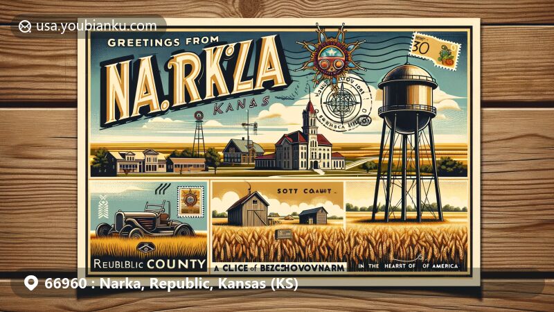Modern illustration of Narka, Republic, Kansas, capturing its Bohemian and Czechoslovakian heritage, rural charm, and agricultural roots, featuring city park, unique water tower, farming symbols, and Kansas plains with wheat fields. Vintage-style postcard with Republic County Courthouse stamp, showcasing small-town values and cultural heritage.