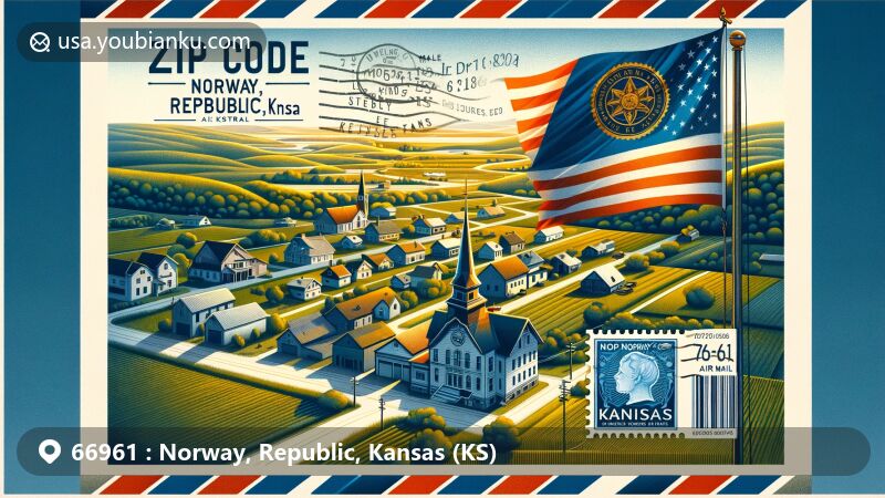 Modern illustration of Norway, Republic, Kansas, showcasing rural landscape with homes and farmlands, featuring Kansas state flag and vintage post office, highlighting historical postal heritage and ZIP code 66961.