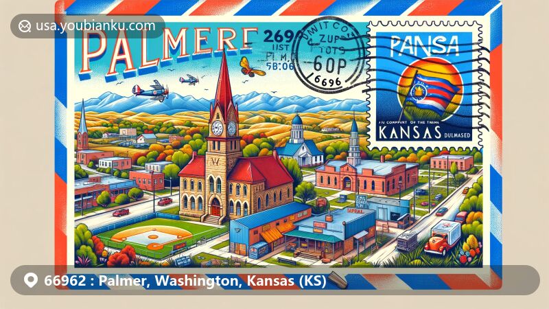 Modern illustration of Palmer, Kansas, in a postal theme with ZIP code 66962, featuring Kansas state flag stamp and iconic town elements like downtown jail, St. Paul's Lutheran Church, and City Park.