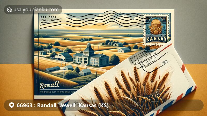 Modern illustration of Randall, Jewell County, Kansas, inspired by postal theme with ZIP code 66963, capturing small-town charm, agricultural roots, and historical significance, set against Kansas landscapes.