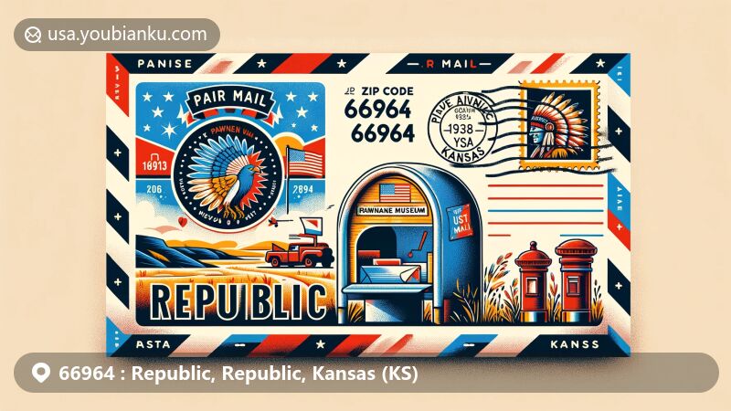 Modern illustration of Republic, Kansas, highlighting the postal theme with ZIP code 66964, showcasing Pawnee Indian Museum, Kansas state flag, red mailbox, vintage mail truck and postmark. Capturing postal and regional characteristics creatively.