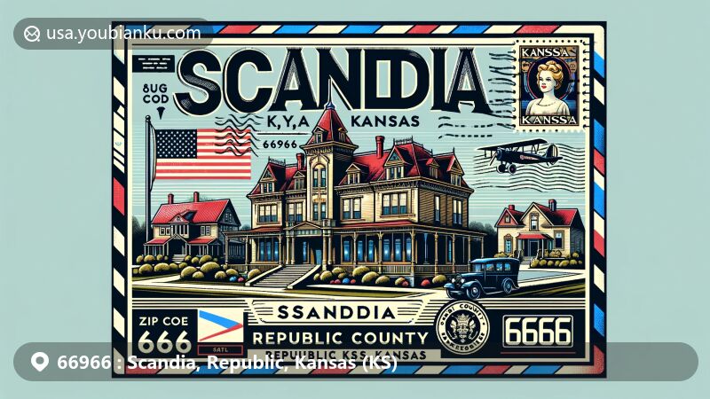 Modern illustration of Scandia, Republic County, Kansas, highlighting Wohlfort Mansion, Scandinavian heritage, and postal theme with ZIP code 66966, showcasing geographical elements, business district, and vintage airmail envelope.