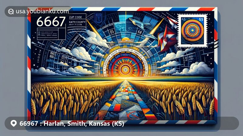 Modern illustration of Harlan, Smith Center, Kansas, highlighting air mail envelope theme with wheat fields, Kansas state flag, and geographic center stamp.