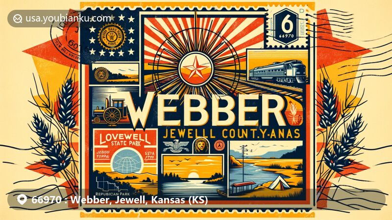 Modern illustration of Webber, Jewell County, Kansas, featuring the Kansas state flag, Jewell County map, American railroad, Lovewell State Park elements, postal symbols, and historical references.