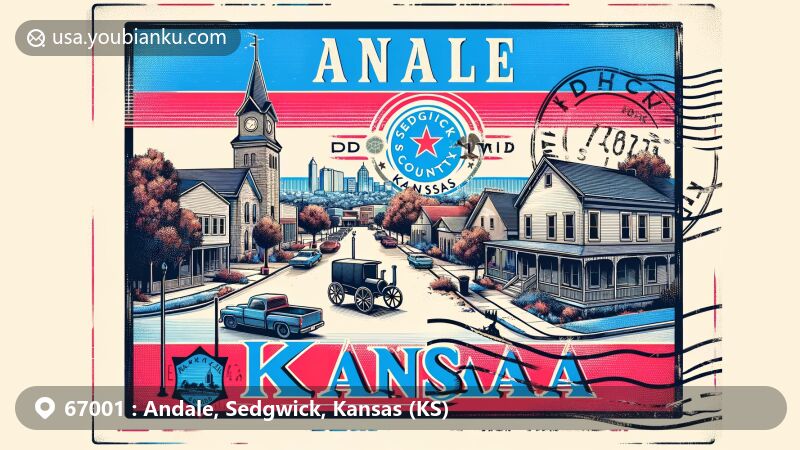 Modern illustration of Andale, Kansas, in Sedgwick County, within the Wichita metropolitan area, showcasing community spirit and historical significance against the Kansas state flag background.