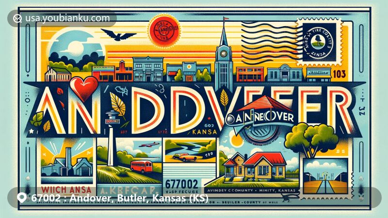 Modern illustration of Andover, Kansas, displaying suburban charm and proximity to Wichita in a creative postcard design, symbolizing green spaces and community spirit, with references to its history and the 1991 tornado, featuring ZIP code 67002 and postal elements.