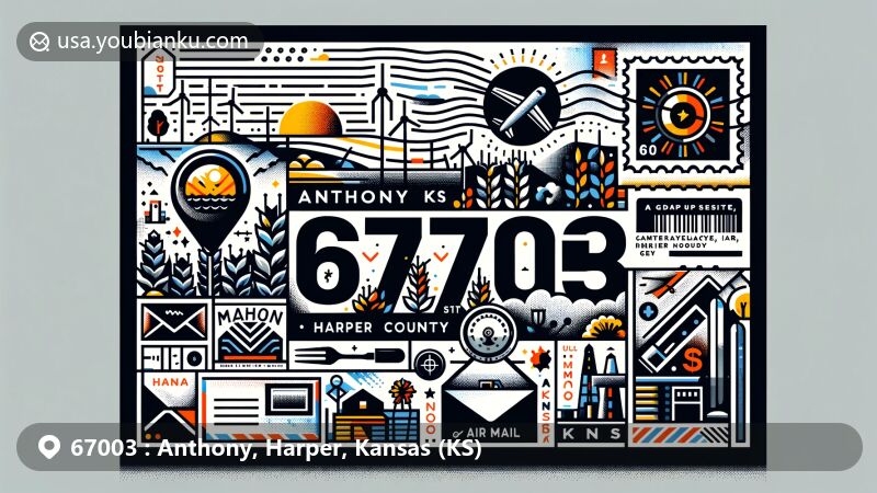 Modern illustration of Anthony, Harper County, Kansas (KS), showcasing postal theme with ZIP code 67003, incorporating humid subtropical climate features and rural landscape, including agricultural imagery and postal elements like a postage stamp and postmark.