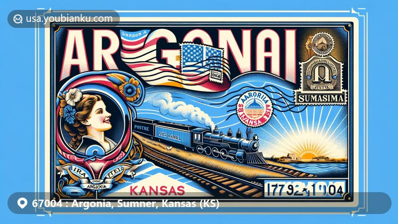Modern illustration of Argonia, Sumner County, Kansas, showcasing postal theme with ZIP code 67004, featuring Susanna Madora Salter, Chikaskia River, and BNSF railroad.