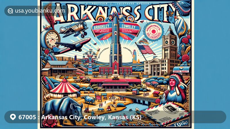 Modern illustration of Arkansas City, Cowley, Kansas, featuring Cherokee Strip Land Rush Museum, Chaplin Nature Center, Burford Theatre, Arkalalah fall festival, and mysterious Etzanoa, blending natural beauty of Arkansas and Walnut Rivers with region's history and connectivity.