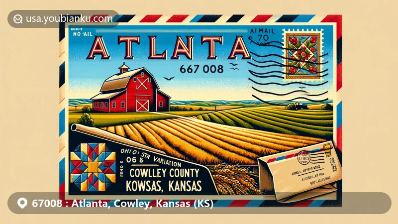 Modern illustration of Atlanta, Cowley County, Kansas, featuring a postal theme with a barn quilt design, a vintage airmail envelope, and a picturesque postcard, all set against a tranquil agricultural landscape.