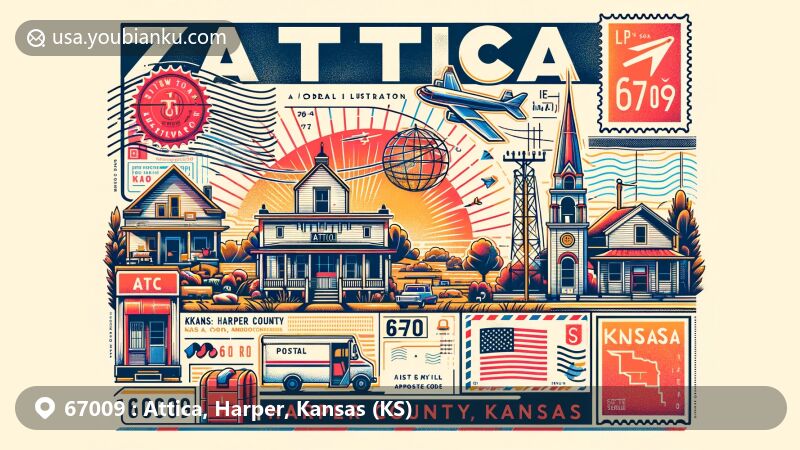 Modern illustration of Attica, Harper County, Kansas, depicting postal theme with ZIP code 67009, showcasing small town charm and state outline.