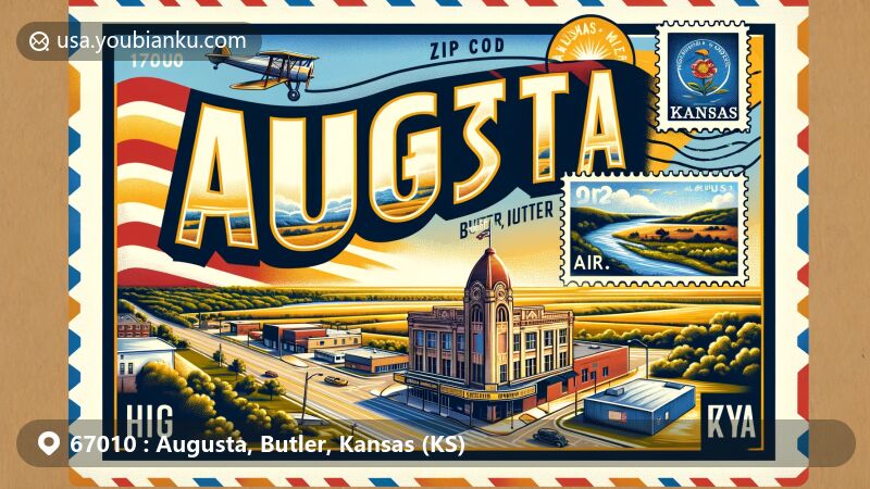 Modern illustration of Augusta, Butler County, Kansas, capturing the essence of ZIP code 67010, featuring Augusta Historic Theater and the confluence of Walnut and Whitewater Rivers.