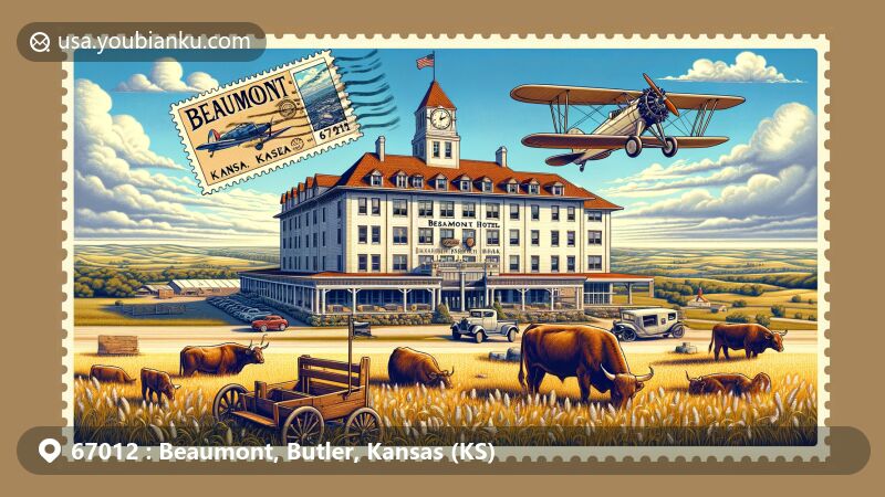 Modern illustration of historic Beaumont Hotel in Beaumont, Butler, Kansas, set against scenic Flint Hills backdrop with vintage airplane and grazing cattle, showcasing area's ranching heritage and hotel's fly-in feature.