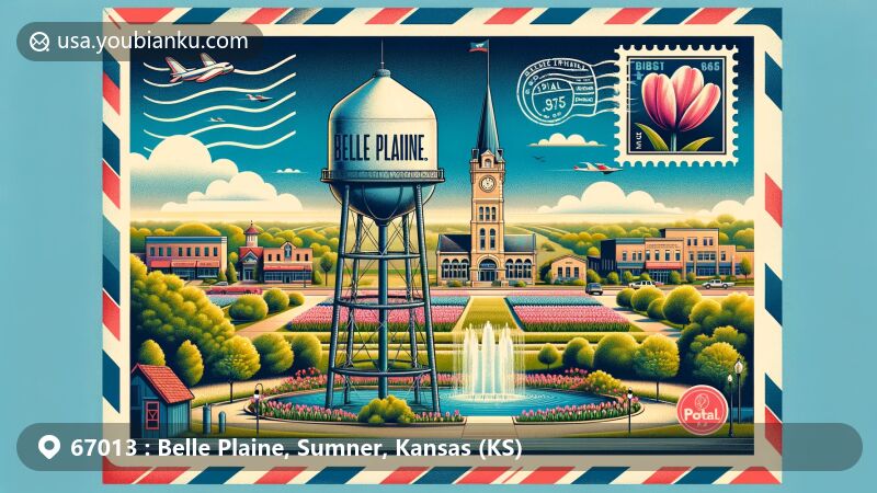 Modern illustration of Belle Plaine, Kansas, in Sumner County, featuring ZIP code 67013, showcasing Bartlett Arboretum and Tulip Time Festival, with water tower, school silhouette, and airmail envelope backdrop with postal marks and Kansas state flag stamp.