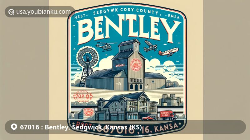 Modern illustration of Bentley, Sedgwick County, Kansas, capturing the rich history and community spirit, featuring Cowtown Museum's restored Arkansas Valley Elevator in Wichita symbolizing Bentley's agricultural heritage alongside postal elements highlighted by vintage stamps with Arkansas Valley Elevator and ZIP code 67016. Subtle background includes Kansas state outline and Sedgwick County's location, emphasizing Bentley's geographical context.