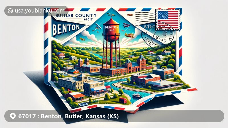 Modern illustration of Benton, Butler County, Kansas, showcasing postal theme with ZIP code 67017, featuring the iconic water tower, lush green landscape, and Kansas state symbols.