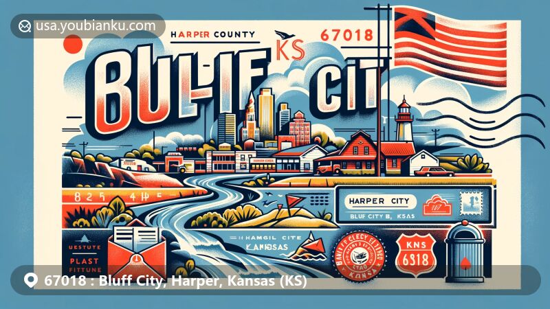 Modern illustration of Bluff City, Harper County, Kansas, highlighting ZIP code 67018, featuring Bluff Creek, Kansas state flag, and postal elements.