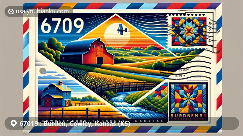 Modern illustration of Burden, Cowley County, Kansas, featuring postal theme with ZIP code 67019, showcasing Cowley County Waterfall and Firefighter Dream barn quilt pattern from Burden Fire Department.