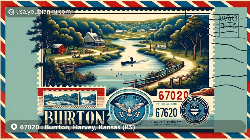 Modern illustration of Burrton, Harvey County, Kansas, featuring picturesque view of West Park with wooded trails, Little Arkansas River, and 16-acre pond. Depicts outdoor activities like fishing, hiking, and kayaking, framed in vintage airmail envelope with Kansas state flag stamp and ZIP code 67020.