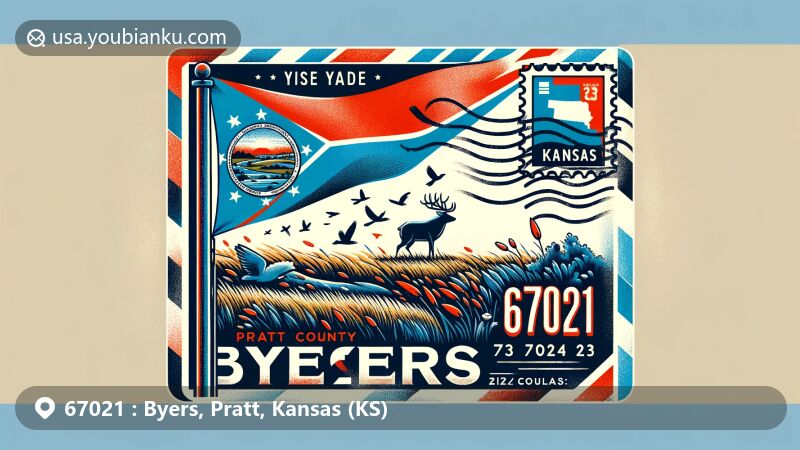 Modern illustration of Byers, Kansas, featuring vintage airmail envelope and Kansas state flag, showcasing Pratt County outline and Sandhills Wildlife Area.