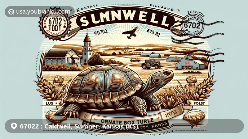 Modern illustration of Caldwell, Sumner County, Kansas, highlighting postal theme with ZIP code 67022, featuring small-town ambiance, ornate box turtle, Sumner County Fairgrounds, and unique climate.