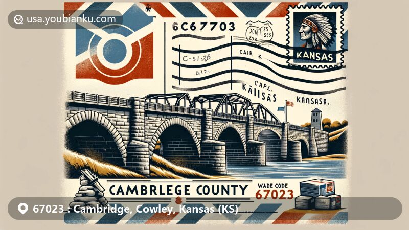 Modern illustration of Cambridge, Cowley County, Kansas, with a postcard design representing the region's identity and postal theme, featuring Stone Arch Bridges, Osage Indian heritage, Kansas state flag, and postal elements.