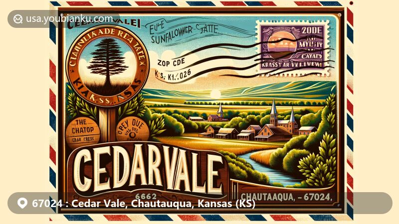 Modern illustration of Cedar Vale, Chautauqua County, Kansas, showcasing postal theme with ZIP code 67024, featuring scenic tall-grass prairie, Caney River Valley, and iconic town symbols.