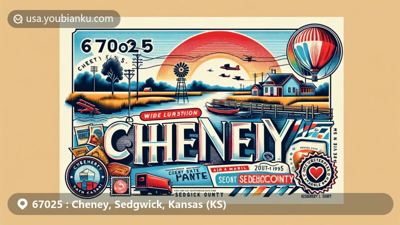 Modern illustration of Cheney, Kansas, in Sedgwick County, ZIP code 67025, featuring Cheney State Park and Cheney Reservoir, with a vintage postcard theme integrating postal elements, Kansas state flag, and Sedgwick County outline.