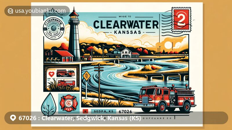 Modern illustration of Clearwater, Kansas, depicting small-town charm and community spirit. Features include a serene river symbolizing 'clear water', a red fire truck honoring volunteer fire service, and subtle outline of Kansas state with focus on Sedgwick County.