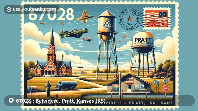 Modern illustration of Belvidere and Pratt, Kansas, incorporating All Veterans Memorial Complex, Hot and Cold Water Towers, and agricultural landscape, framed by vintage postal theme with ZIP code 67028.
