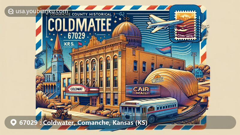 Modern illustration of Coldwater, Comanche County, Kansas, showcasing postal theme with ZIP code 67029, featuring Comanche County Historical Museum and local architecture.