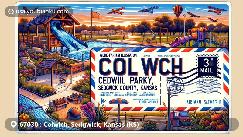 Modern illustration of Colwich, Sedgwick County, Kansas, showcasing postal theme with ZIP code 67030, featuring Memorial Park with splash pad, walking trails, bike paths, covered shelter, playground, sand volleyball pit, and elements of agriculture and rural-suburban lifestyle near Wichita.