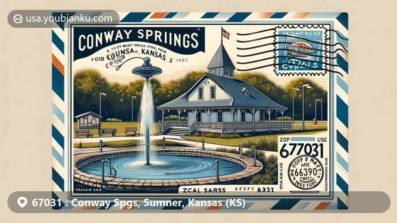 Modern illustration of Conway Springs, Kansas, showcasing postal theme with ZIP code 67031, featuring historic Springhouse and lush park surroundings.
