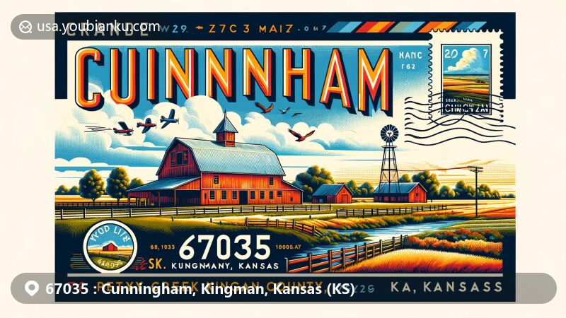 Modern illustration of Cunningham, Kingman County, Kansas, showcasing postal theme with ZIP code 67035, featuring Petyt Creek Ranch Barn and rural mail delivery elements.