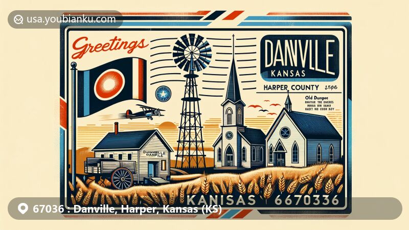 Modern illustration of Danville, Kansas, Harper County, featuring Harper Standpipe and Old Runnymede Church, with ZIP code 67036, blending vintage postcard style with contemporary artistic techniques.