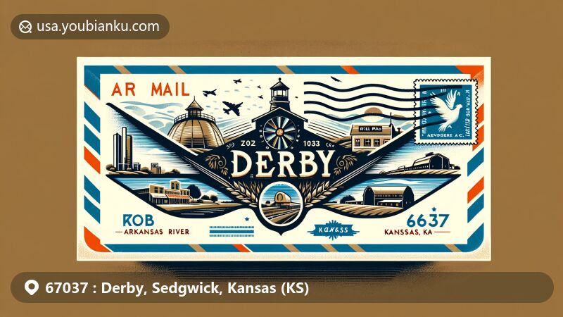 Modern illustration of Derby, Sedgwick County, Kansas, featuring vintage air mail envelope with ZIP code 67037, showcasing iconic elements like Arkansas River Crossing, El Paso Business District, and historic Round Barn.
