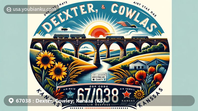 Modern illustration of Dexter, Cowley County, Kansas, featuring ZIP code 67038 and iconic stone arch bridges, integrating Kansas state symbols like the wild sunflower and American buffalo.