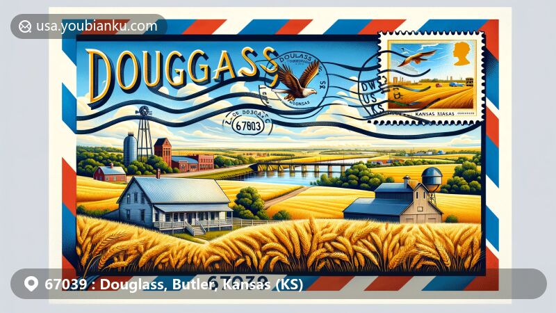Modern illustration of Douglass, Kansas, Butler County, showcasing postal theme with ZIP code 67039, featuring iconic landscapes like golden wheat fields, old barns, and brick streets.