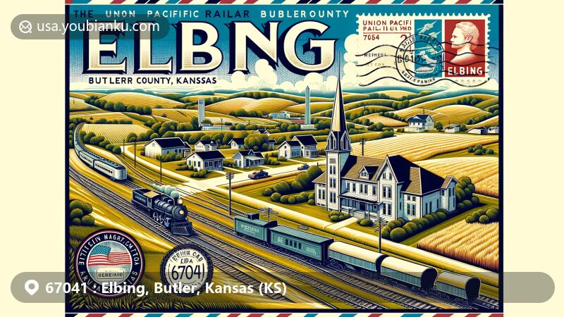 Modern illustration of Elbing, Butler County, Kansas, showcasing Union Pacific Railroad history, Berean Academy, and vintage air mail envelope with ZIP code 67041.