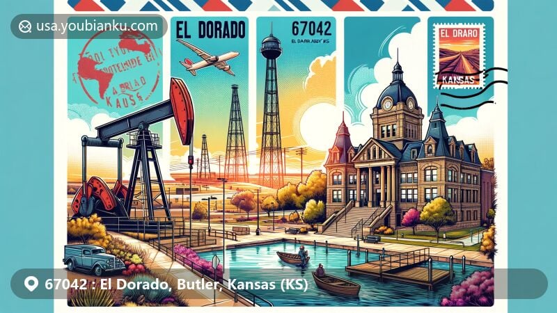 Modern illustration of El Dorado, Butler County, Kansas, showcasing El Dorado Oil Field, State Park's natural beauty, and Butler County Courthouse's Romanesque Revival architecture.
