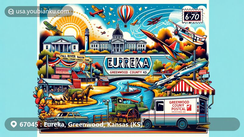 Modern illustration of Eureka, Greenwood County, Kansas, highlighting ZIP code 67045, featuring Fall River, Greenwood County Historical Museum, and elements from the Greenwood County Fair.