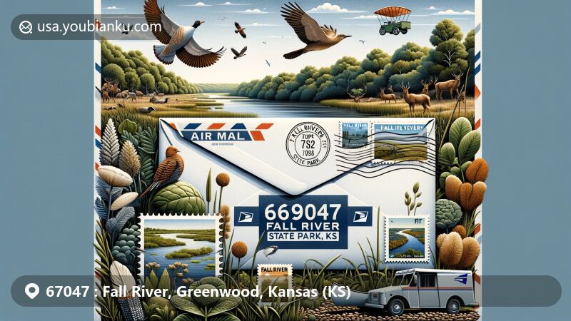 Modern illustration of Fall River State Park in Kansas, featuring airmail envelope with ZIP code 67047, surrounded by postal elements and iconic views, highlighting the area's natural beauty, plant life, wildlife, and recreational activities.