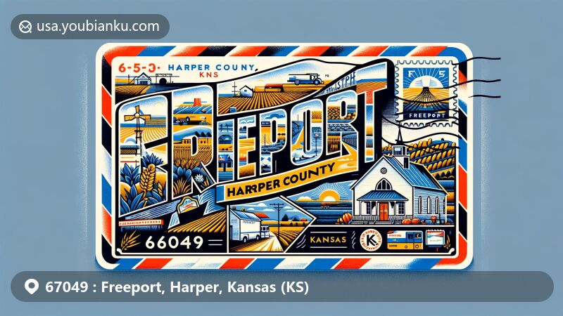 Modern illustration of Freeport area, Harper County, Kansas, featuring a postal theme with ZIP Code 67049, showcasing the expansive plains and agricultural landscapes of Kansas, incorporating the silhouette of historic Mennonite church to symbolize Harper County, and depicting Kansas state symbols or typical agricultural scenes on the stamp, with 'Freeport' on the postmark, representing the postal heritage of the region.
